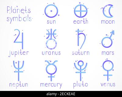 Ensemble vectoriel de symboles de planètes astrologiques avec effet 3d imitation sur fond blanc. Collection de signes: soleil, terre, lune, saturne, uranus, neptune, j Illustration de Vecteur