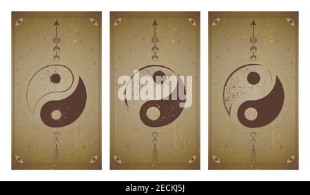 Ensemble vectoriel de trois signes yin yang sur arrière-plans vintage avec forme géométrique et cadres. Symboles avec éléments de grunge. En sépia. Pour vous desi Illustration de Vecteur