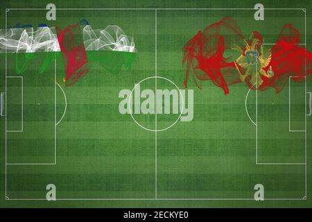 Match de football entre la République centrafricaine et le Monténégro, couleurs nationales, drapeaux nationaux, terrain de football, match de football, concept de compétition, espace de copie Banque D'Images