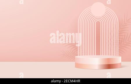 Podium de produit sur fond rose pastel avec feuilles ombrées. Résumé scène minimale à présenter ou montrer cosmétique. Plate-forme Vector Realistic. 3d Illustration de Vecteur