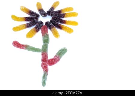 Fleur conceptuelle de sucreries de gélatine aigre isolées sur fond blanc Banque D'Images