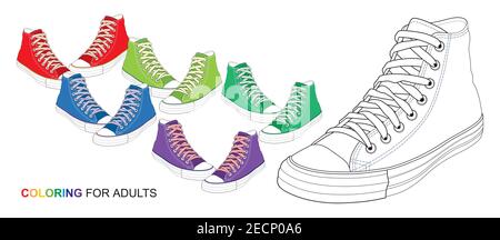 Baskets tendance colorées. Chaussures décontractées pour jeunes. Chaussures d'école. Coloriage pour adultes. Illustration de Vecteur