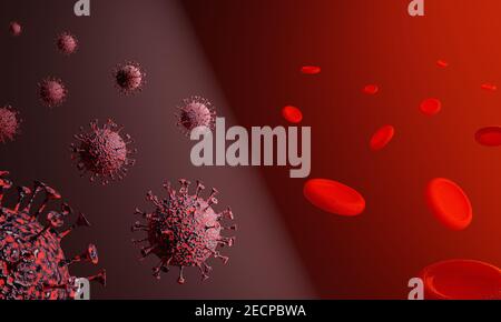 Rendu 3D du coronavirus et des globules rouges. Concept médical de l'éclosion du virus Covid-19 mortel.Illustration d'une image numérique pour m Banque D'Images