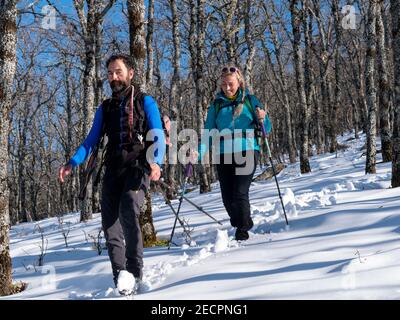 Les randonneurs aventureux qui s'aventuraient dans une montagne enneigée entourée de arbres Banque D'Images