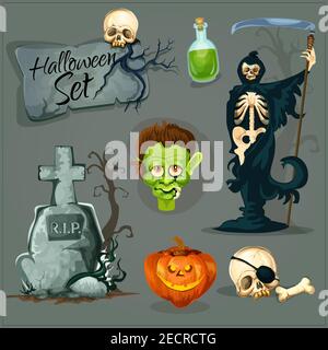 Éléments de dessin animé effrayants pour Halloween. Icônes vectorielles de squelette zombie, lanterne orange halloween citrouille, pierre tombale avec croix, bouteille de potion verte. C Illustration de Vecteur