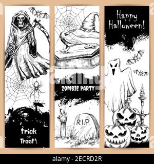 Ensemble d'affiches verticales d'Halloween avec caractères et éléments d'esquisse de crayon noir. Effrayant reaper de la mort en robe, cimetière tombe avec main zombie, effrayant gh Illustration de Vecteur