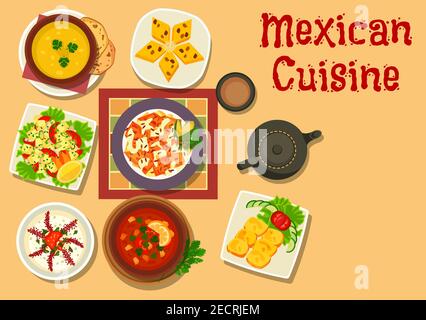 Cuisine mexicaine plats authentiques icône de la soupe aux haricots au Chili salsa, salade de légumes au fromage, pain de maïs, poulet aux légumes, soupe de citrouille, pain Illustration de Vecteur