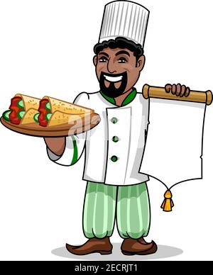 Icône de la cuisine arabe. Chef arabe en uniforme tenant le modèle de carte de menu et le kebab roulé dans le pain pita. Emblème Vector pour panneau de signalisation de restaurant, menu, Illustration de Vecteur