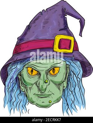 Vieille sorcière avec le visage laid dans le chapeau de sorcier pourpre et les cheveux bleus. Halloween caricature sorceress hag tête vecteur esquisse icône isolée pour la décoration Illustration de Vecteur