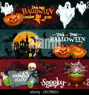 Design pour les panneaux et affiches d'Halloween avec éléments vectoriels de lanterne de citrouille, fantômes blancs volants, château de vampire hanté avec des munitions pleines de minuit Illustration de Vecteur