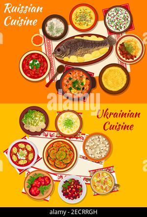 Icône de la cuisine russe et ukrainienne avec soupe de betteraves, boulettes de viande, fine pancake avec caviar, ragoût de légumes, salade et soupe, bœuf, b Illustration de Vecteur