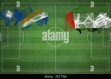 Marshall Islands vs United Arab Emirates Soccer Match, couleurs nationales, drapeaux nationaux, terrain de football, jeu de football, concept de compétition, Copy space Banque D'Images