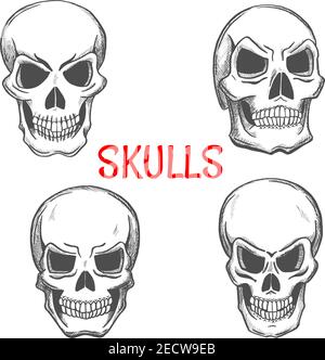 Icônes d'esquisse Skulls. Squelette crâniums crossbone pour halloween décoration, dessin animé, étiquette, tatouage, éléments de décoration religieuse Illustration de Vecteur
