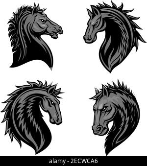 Tête de l'étalon avec une tête épineuse. Icônes héraldiques stylisées de cheval furieux. Emblème Mustang pour club de sport, badge d'équipe, étiquette, tatt Illustration de Vecteur