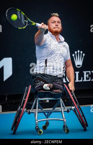 Nicolas Peifer photographié en action lors d'un match de tennis entre le Britannique Alfie Hewett et le Français Nicolas Peifer, en quarts de finale de la chanson masculine Banque D'Images