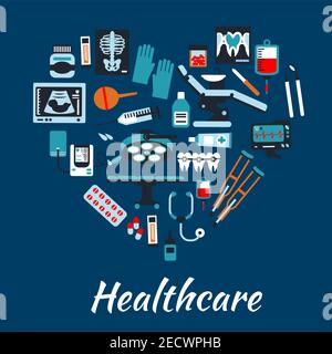 Affiche d'infographie médicale en forme de cœur. Symboles vectoriels et icônes de l'équipement de soins de santé et de la thérapie chaise de dentiste, opération chirurgicale t Illustration de Vecteur