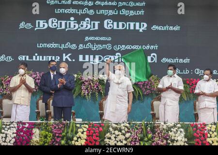 Chennai, Inde, 14, février 2021 : . Le Premier ministre Narendra modi lance le nouveau traxk ferroviaire, de Villupuram à Thiruvarur, lors d'une réunion qui s'est tenue samedi à Chennai . Photo Seshadri SUKUMAR Banque D'Images