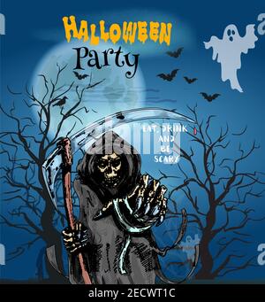 Halloween Party invitation carte, affiche avec texte manger, boire et être effrayant. Modèle de fête d'horreur avec couche d'homme mort, arbres hantés avec Illustration de Vecteur