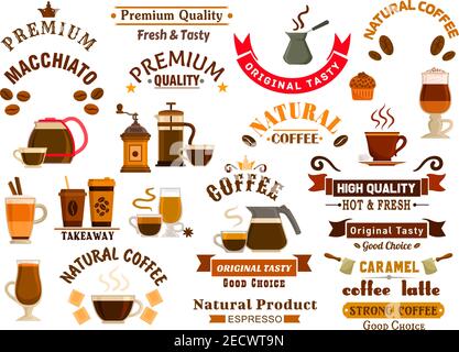 Icônes de cafés et desserts pour les enseignes de cafés. Pichet à café, cafetière, moulin, machine à café, cafetière électrique, cafetière à piston, chocolat, muffin, biscuit, gâteau, coff Illustration de Vecteur