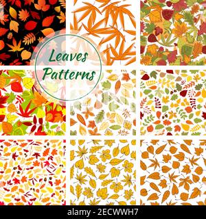 Plantes d'automne et feuilles d'arbres. Motifs sans couture d'éléments de feuillage lumineux et colorés. Motif vectoriel de petit et grand bouleau, chêne, érable, brun, Illustration de Vecteur