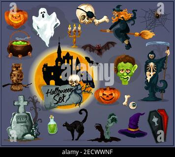 Éléments et icônes de la fête d'Halloween d'octobre. Lanterne de citrouille orange Vector, sorcière volante, chou-fleur, cimetière zombie, maison hantée créepy Illustration de Vecteur