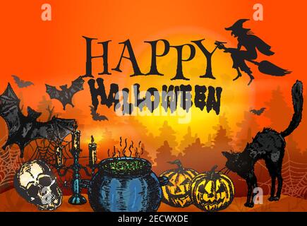 Arrière-plan rouge orange sanglant avec les personnages d'halloween silhouette de sorcière volant sur un balai, chat noir et citrouilles souriantes effrayantes, crâne effrayant et ma Illustration de Vecteur