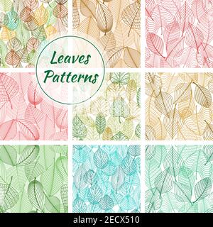 Motifs texturés stylisés de feuilles vectorielles. Lignes d'empreinte décoratives vertes, roses, bleues, rouges et brunes de plantes et de feuilles d'arbres. Fond de décoration sans couture Illustration de Vecteur