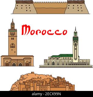 Monuments historiques et sites touristiques du Maroc. Vecteur icônes d'architecture détaillée de la mosquée Koutoubia, ait Ben Haddou, mosquée Hassan II, Kasbah d'Agadir f Illustration de Vecteur