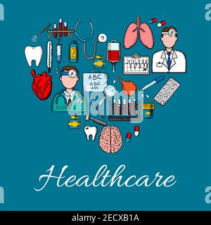 Arrière-plan de la plaque médicale en forme de coeur. Symboles vectoriels et icônes de l'équipement de soins de santé et de la thérapie. Médecin, poumons, dent, coeur, cerveau, compte-gouttes, Illustration de Vecteur
