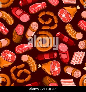 Saucisses et produits à base de viande sans couture. Motif vectoriel de bacon de charcuterie, salami, charcuterie, pepperoni, wurst, pain de viande, bratwurst, jambon FO Illustration de Vecteur