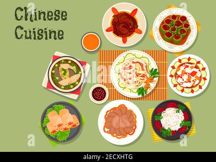 Cuisine chinoise avec salade de nouilles de riz au bœuf et au radis, rouleaux de printemps aux crevettes, langue de bœuf, salade de daikon, chou chinois épicé, soupe de poisson, St Illustration de Vecteur