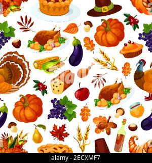 Noël de Thanksgiving modèle sans couture avec dinde, récolte automnale, chapeau et feuilles Illustration de Vecteur