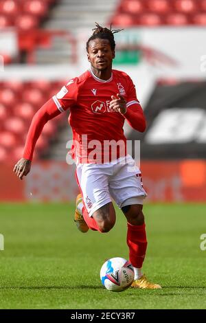 NOTTINGHAM, ANGLETERRE. 13 FÉVRIER ; Gaetan Bong (13) de la forêt de Nottingham en action lors du match de championnat Sky Bet entre la forêt de Nottingham et Bournemouth au City Ground, Nottingham, le samedi 13 février 2021. (Credit: Jon Hobley | MI News) Credit: MI News & Sport /Alay Live News Banque D'Images