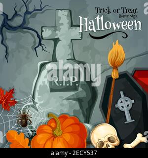Carte de voeux pour les fêtes d'Halloween. Bannière de scénario de fête d'halloween traditionnelle. Grunge fond de cimetière RIP tombeau avec la croix, ou Illustration de Vecteur