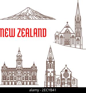 Découvrez les sites emblématiques de la Nouvelle-Zélande avec la cathédrale de Christchurch, l'église presbytérienne KNOX, l'hôtel de ville de Dunedin et le mont Taranaki. Guide de voyage, va Illustration de Vecteur