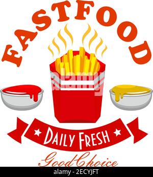 Symbole du menu de restauration rapide des frites avec boîte rouge à emporter de chips, flanquée de bols de ketchup et de sauce à la moutarde, bannière en ruban courbée avec étoile Illustration de Vecteur