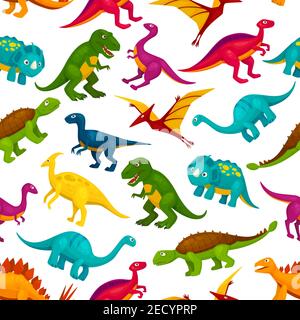 Dessin animé jouet dinosaures enfants sans couture. Vecteur icônes colorées et mignonnes de t-rex, tyrannosaurus, ptérosaur, ptérodactyles personnages de jouets. Décoration Illustration de Vecteur