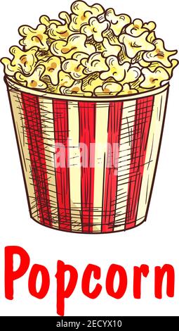 Croquis du seau à emporter avec pop-corn. Maïs poppé doux en blanc et rouge icône en forme de boîte à rayures. Affiche « Cinema fast food Cafe », symbole « snack food » Illustration de Vecteur