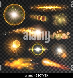 Effets de lumière transparents et reflets d'objectif. Explosion lumineuse jaune, étoiles, paillettes, étoile de tir et comète brillante. Fête à l'intérieur Illustration de Vecteur