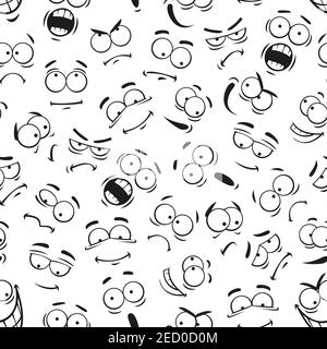 Motif d'expresions du visage humain. Motif vectoriel de faces de dessin animé avec expressions. Yeux et bouche mignons souriants, heureux et contrariés, surpris et triste, angr Illustration de Vecteur