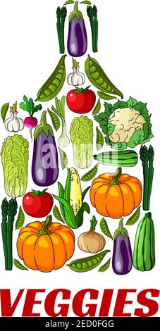 Étiquette de planche à découper des légumes avec des éléments de légumes frais de la ferme de citrouille, chou, oignon, kohlrabi, poivre, courgettes, poireau, céleri, daikon r Illustration de Vecteur