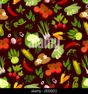 Motif décoratif de légumes. Motif vectoriel sans couture de produits végétariens. Icônes plates de chou-fleur de jardin mûr frais, pomme de terre, poireaux, tomates, pe Illustration de Vecteur