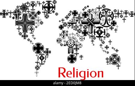 Carte du monde de la religion avec symboles de croix du christianisme. Conception de carte avec icônes religieuses crucifix décoration et élément de conception Illustration de Vecteur
