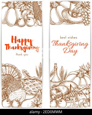 Bannières de vœux rétro esquissées le jour de Thanksgiving. Affiches de vacances avec action de grâce traditionnelle vecteur de récolte de fruits et légumes, dîner dinde Illustration de Vecteur