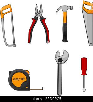 Icônes isolées des outils de réparation et de construction. Éléments vectoriels d'instruments de travail fixes domestiques scie à métaux, pinces, arrache-clou pour marteau, scie à main, meas Illustration de Vecteur