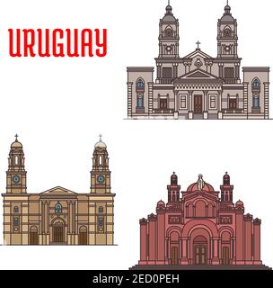 Sanctuaire national du Sacré-cœur de Jésus, Église notre-Dame du Mont Carmel, Cathédrale de Mercedes. Célèbres bâtiments d'architecture de l'Uruguay. Illustration de Vecteur