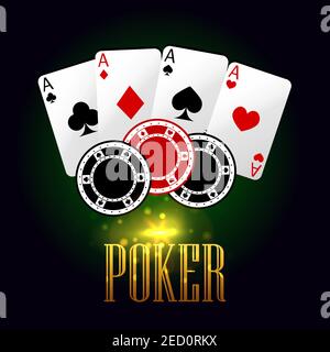 Bannière de casino de poker avec cartes à jouer et jetons. Éléments vectoriels de cartes Aces ensemble, jetons de jeu de poker avec texte sur fond vert de tableau pour onlin Illustration de Vecteur