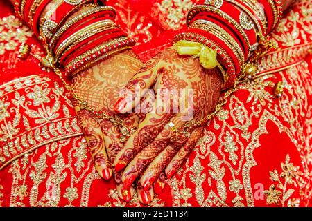 Close up of mehendi sur la main de la mariée, Maurice, Afrique du Sud Banque D'Images