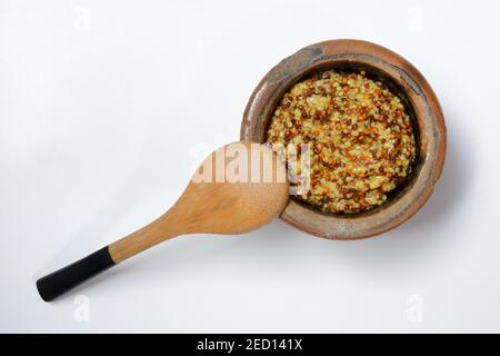 Moutarde de Dijon granuleuse en pot d'argile avec cuillère en bois, fond blanc, France Banque D'Images