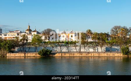 Vue sur la rivière Rio Guadalquivir jusqu'à la Plaza de toros de la Real Maestranza de Caballeria de Sevilla, Sevilla, Andalousie, Espagne Banque D'Images